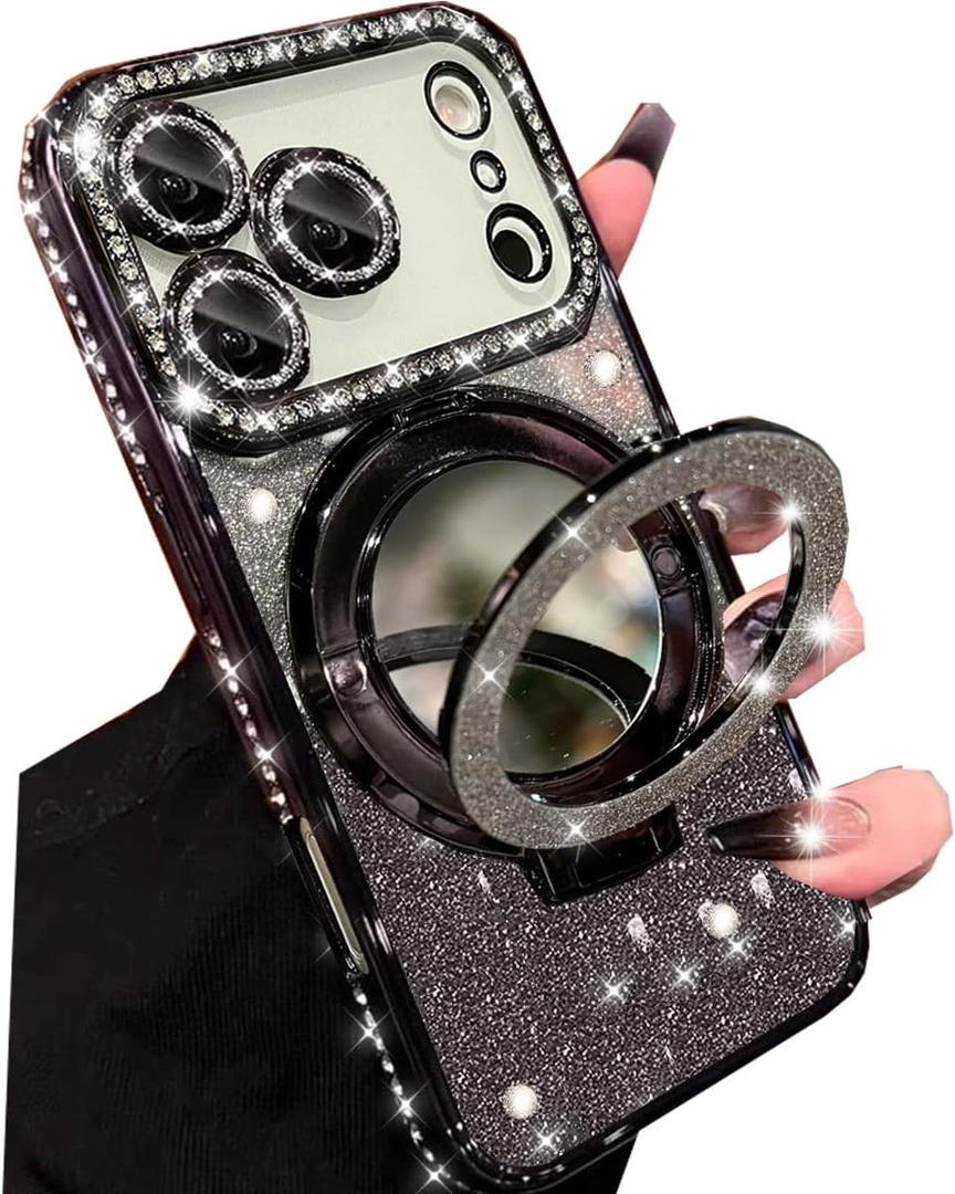Changjia Magnetic Kickstand Glitter Case for iPhone 17 Pro Max,[Compatible with Magsafe] Cute Bling Sparkly Rhinestones with Camera Protector Makeup Mirror Women Girls Case for iPhone 17 Pro Max,Black