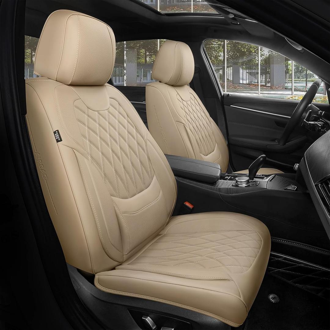 FREESOO Beige Car Seat Cover Full Set - Faux Nappa Leather Seat Covers for Cars, Ultra Breathable Waterproof Front Seats Cushion Protectors with Lumbar Support, Universal Fit for Sedans SUVs Pickups