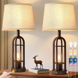 SRJJA 24" Table Lamps for Living Room Set of 2, Rustic Farmhouse 3-Way Dimmable Touch Industrial Bedside Lamps with USB A+C for Bedroom Nightstand4 Bulbs Included