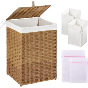 GREENSTELL Laundry Hamper with Lid, 60L Clothes Hamper with 2 Removable Liner Bags & 2 Mesh Laundry Bags, Handwoven Synthetic Rattan Laundry Basket for Clothes, Toys in Bathroom, Bedroom Natural (60L (13.4 x 13.4 x 21.7 inches)) GREENSTELL Laundry Hamper with Lid, 60L Clothes Hamper with 2 Removable Liner Bags & 2 Mesh Laundry Bags, Handwoven Synthetic Rattan Laundry Basket for Clothes, Toys in Bathroom, Bedroom Natural (60L (13.4 x 13.4 x 21.7 inches))
