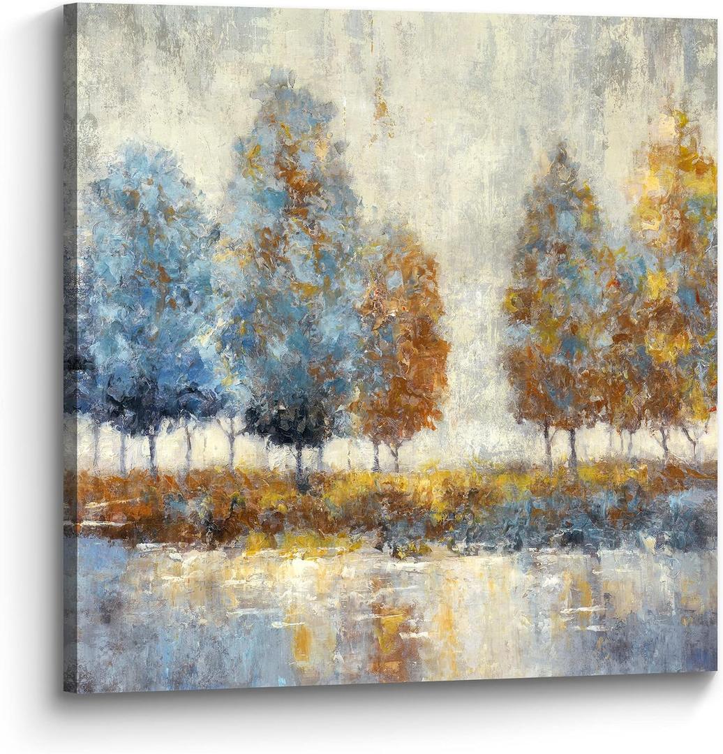 the stream design Tree Canvas Wall Art Painting: Nature Picture Abstract Hand Painted Landscape Print Decor Modern Textured Forest Artwork for Living Room Bedroom Home Office, 24"L x 24"W