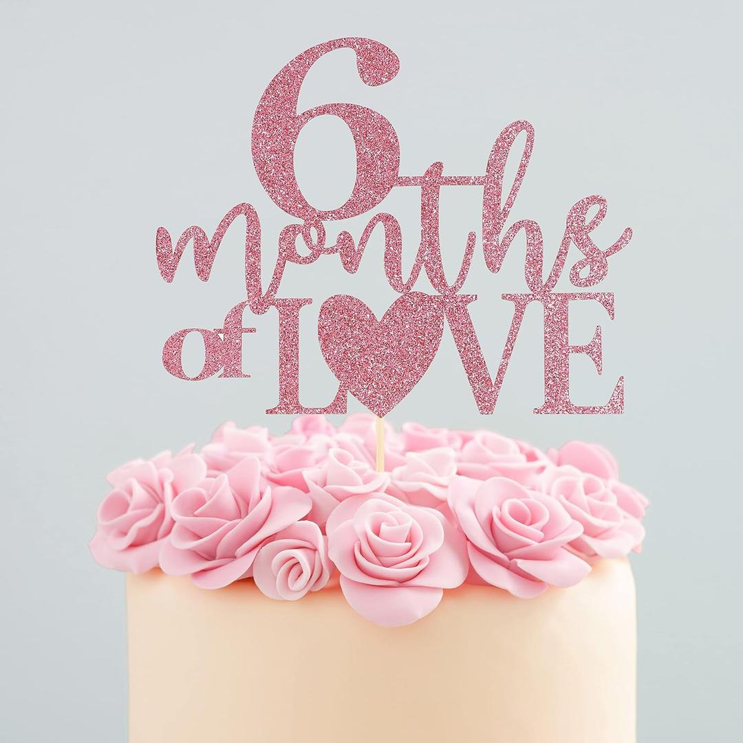 6 Months of Love Cake Topper - Rose Red Glitter 1/2 Birthday Baby Shower Party Decorations, First Birthday Cake Decoration, Baby's Half Year Old Birthday Party Supplies, Photo Booth Props