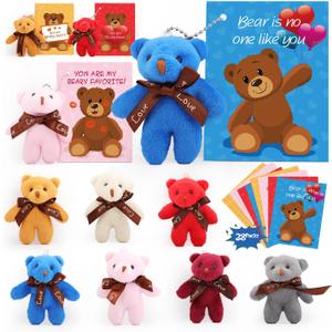 AUUGUU 28 PCS Valentines Day Cards for Kids School with Bear Stuffed Animal Plush Toys , Kids Valentine Party Favor, Valentine's Day Classroom Prizes, Ideal Valentine Exchange Gift
