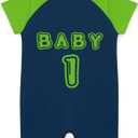 7 x Baby Football Clothes Outfit, Short Sleeve Little Champ Printing, Crewneck Romper Bodysuit Infant Football Clothes (3-6 Months, Navy & Lime)