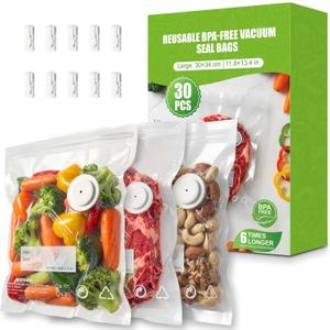 RIWUSI 30PCS Reusable Vacuum Sealer Bags for Food with Air Valve & 10 Seal Clips Large (11.8 x 13.3 in), BPA Free Food Storage Bags, Lock in Food Freshness for Freezer, Microwave, Sous Vide Cooking