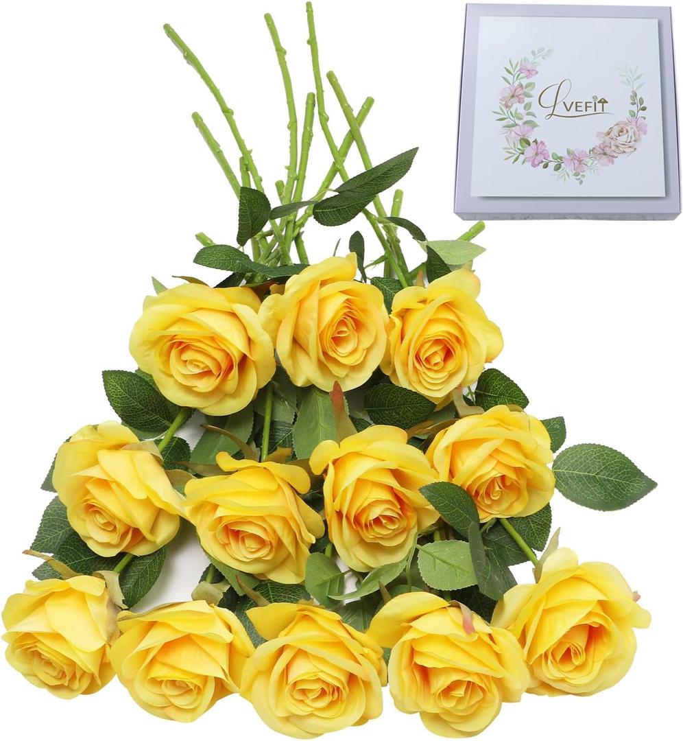 LVEFIT 12 Pcs Yellow Flowers Artificial Roses Fake Flowers with Long Stem Silk Roses Faux Roses for Wedding Bouquet Bridal Shower Party Home Table Centerpieces DIY Florals Decoration