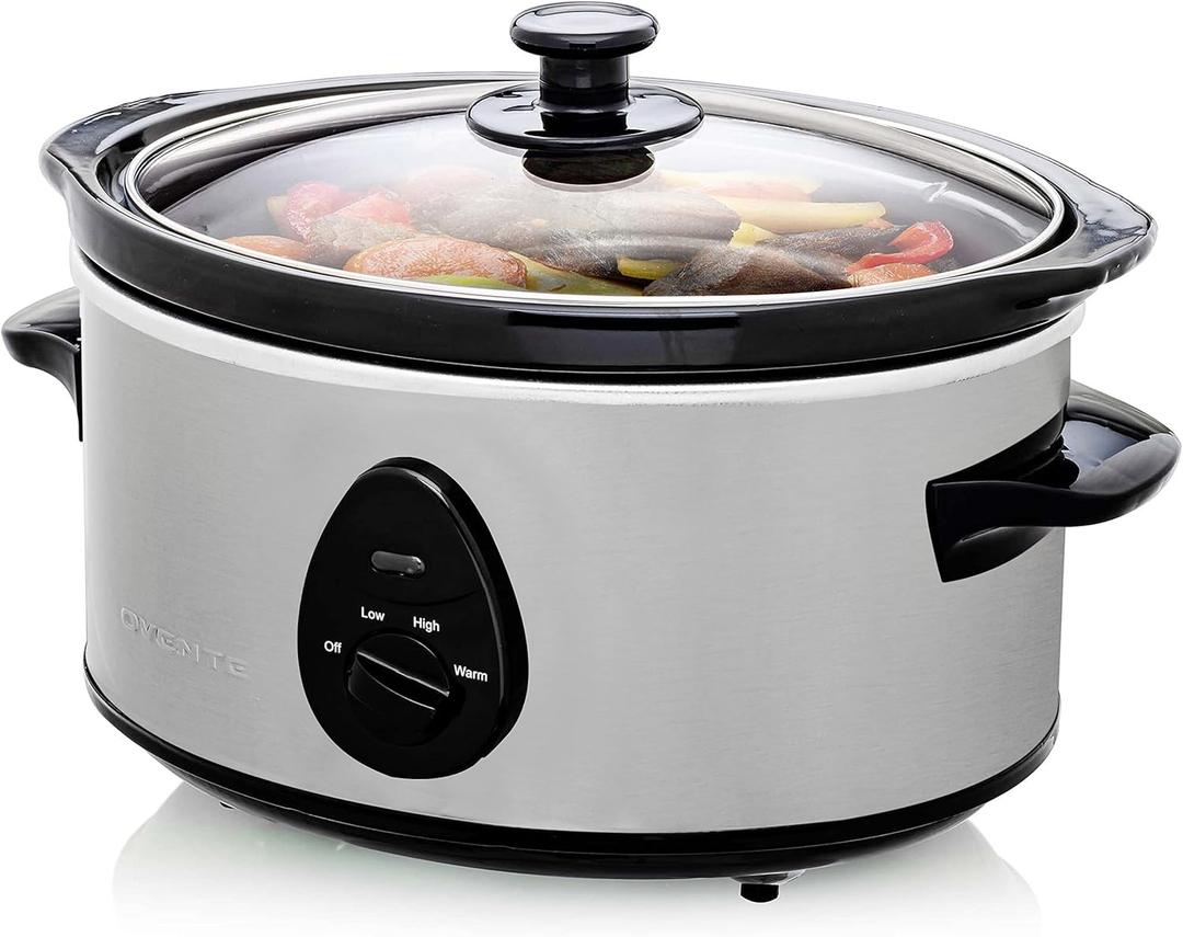 OVENTE Electric Slow Cooker with 3 Cooking Settings, Non-Stick and Dishwasher Safe Stoneware, Stainless Steel Body, Glass Lid, 3.7 Qt Oval Pot for Entrees, Soups, Sauces, Stews & Dips, Silver SLO35ABR