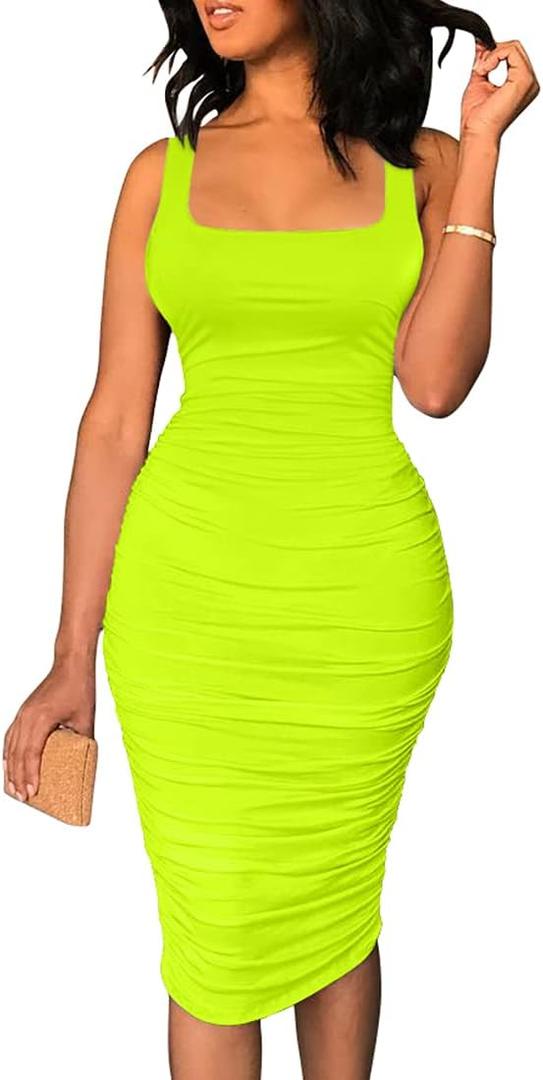 BEAGIMEG Women's Sexy Tank Top Bodycon Ruched Sleeveless Basic Midi Party Dress (Medium, Fluogreen)