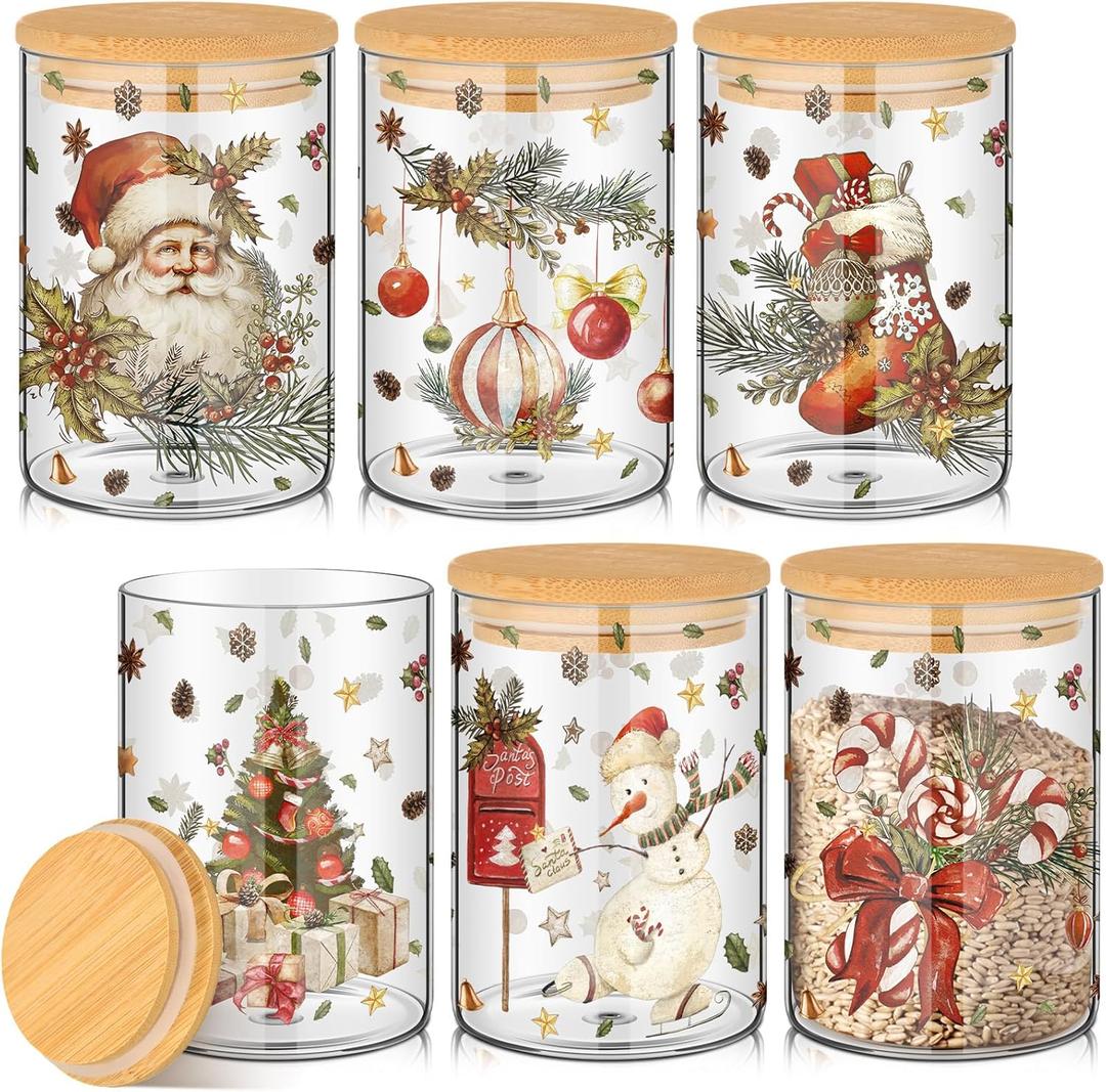 Shellwei 6 Pcs Retro Christmas Glass Storage Jar with Airtight Bamboo Lid Santa Claus Canister Sets Christmas Tree Snowman Cookie Candy Storage 19oz for Kitchen Containers Countertop Decoration
