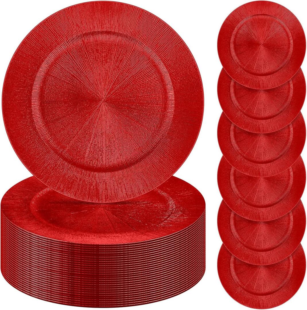 Tanlade 50 Pcs Charger Plates Bulk, 13 Inch Plastic Round Charger Dinner Plates Elegant Wedding Serving Plate for Event Tabletop Wedding Party Bridal Baby Shower Decor (Red) (Modern Style)