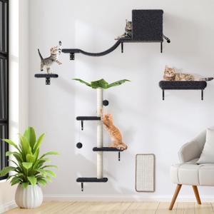 5-in-1 Cat Wall Shelves for 16 Inch Drywall: Space-Saving Wall Mounted Cat Shelves with Climbing, Perch & Lounge (Dark gray)