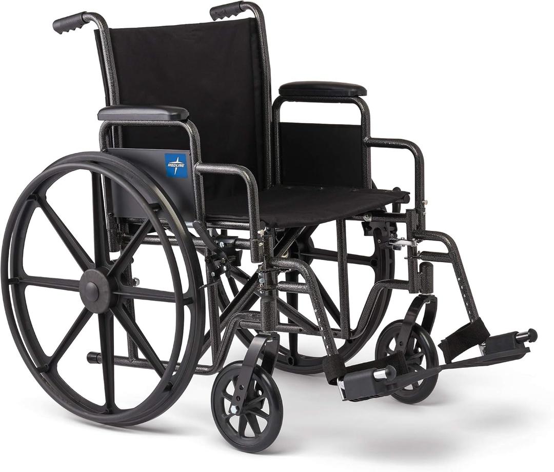 Medline Comfortable Folding Wheelchair with Swing-Back Desk-Length Arms and Swing-Away Footrests, 18W x 16XD Seat