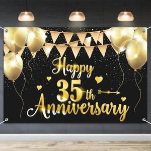 HAMIGAR 6x4ft Happy 35th Anniversary Banner Backdrop - 35 Wedding Anniversary Decorations Party Supplies - Black Gold