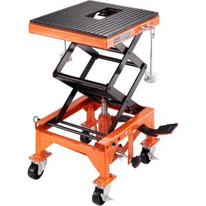 VEVOR Hydraulic Motorcycle Lift Table, 350 lbs Capacity Motorcycle Scissor Jack Lift with Wide Deck, J-Hooks, 4 Wheels, Hydraulic Foot-Operated Jack Stand for ATV Dirt Bikes