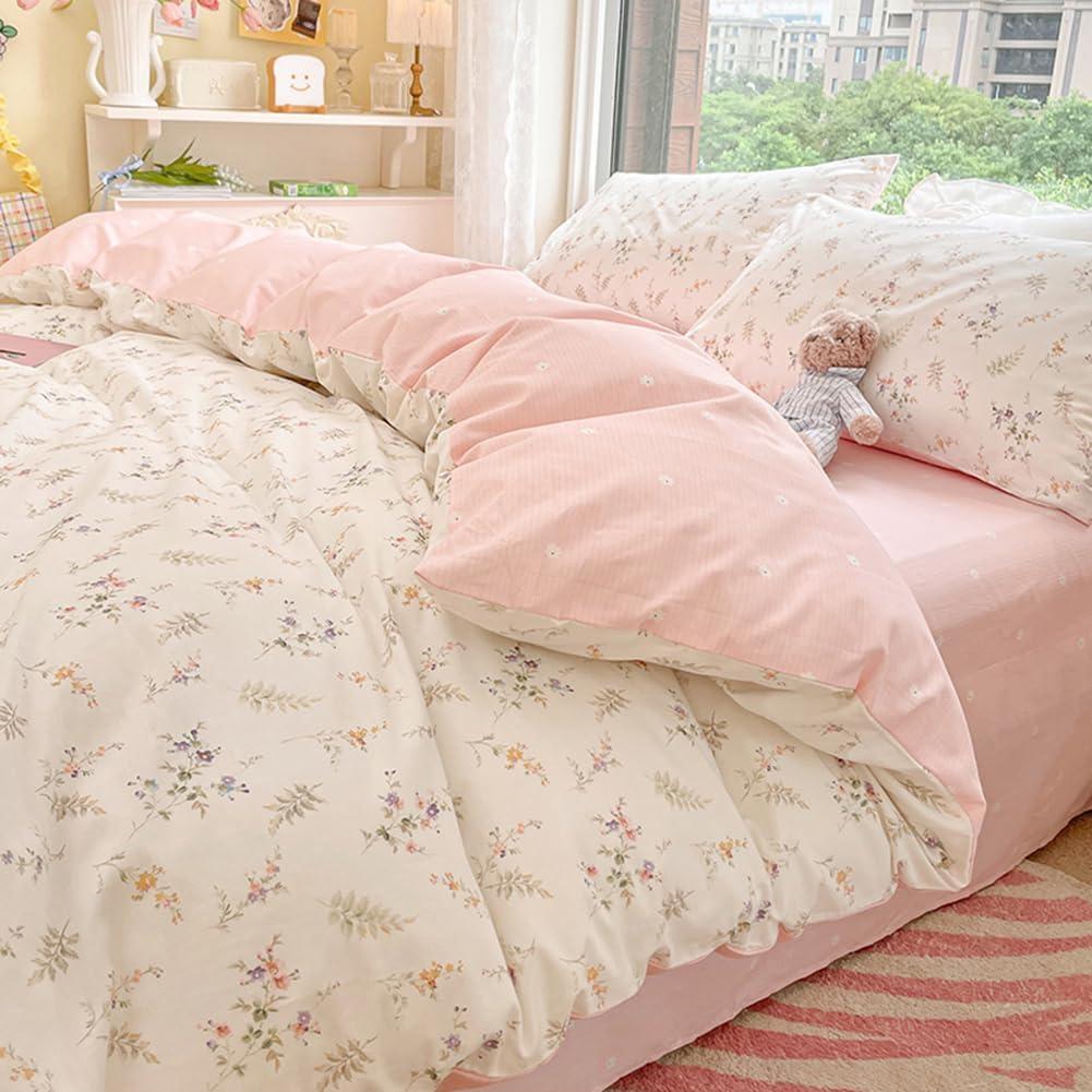 Nayoroom Pink Floral Duvet Cover Queen Size Green Botanical Leaf Printed on White Reversible Coquette Bedding Set 3 Pcs Soft Microfiber Spring Cottagecore Comforter Cover with Zipper Closure