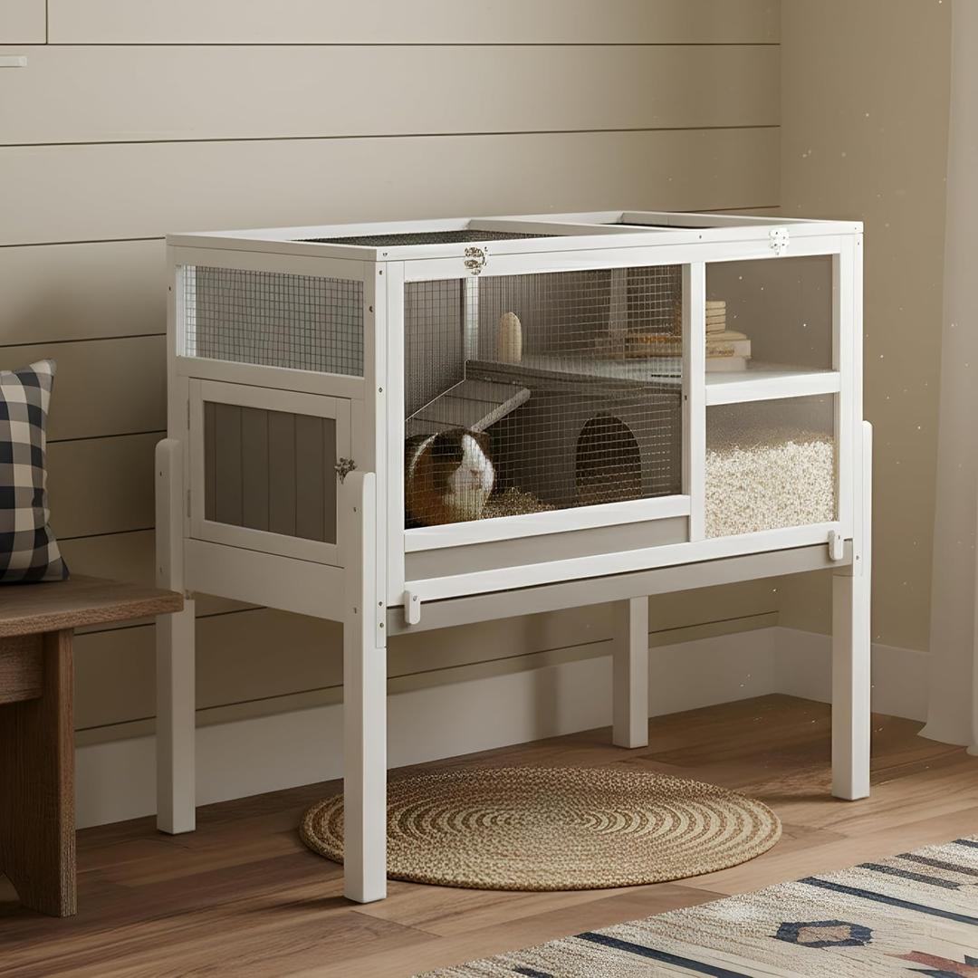 Guinea Pig Cages Hamster Cage with Detachable Legs, 2-Storey Wooden Indoor Guinea Pig House Rabbit Cages for Small Animals with Pull Out Tray, Metal Strip Ramp, Ramp, Hideout