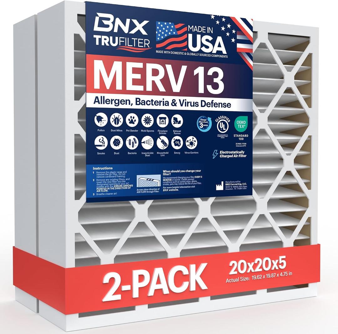 BNX TruFilter 20x20x5 (19.88 x 19.88 x 4.38 Honeywell Compatible 4) MERV 13 Air Filter (2-Pack) - MADE IN USA - HVAC AC Furnace Filters Health, Allergies, Mold, Bacteria, Smoke, MPR 1900 FPR 10