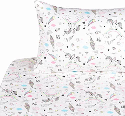J-pinno Unicorn Rainbow Ice-Cream Cone Twin 100% Cotton 3 Pieces Sheet Set for Kids Girls Children Flat Sheet + Fitted Sheet + Pillowcase Bedding Decoration Gift Set