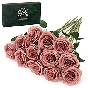 Waipfaru 12 Pcs Artificial Flowers Fake Silk Dusty Roses, Faux Real Touch Roses Bouquet with Long Stem for Wedding Party Home Decor (Dusty Rose)