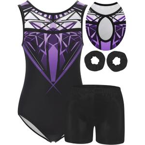 MOLLDAN Girls Gymnastics Leotard Athletic Biketard Unitard Tumbling Activewear Outfits for kids(No Diamond) (9-10 Years, Cyberpunk-Purple Set)