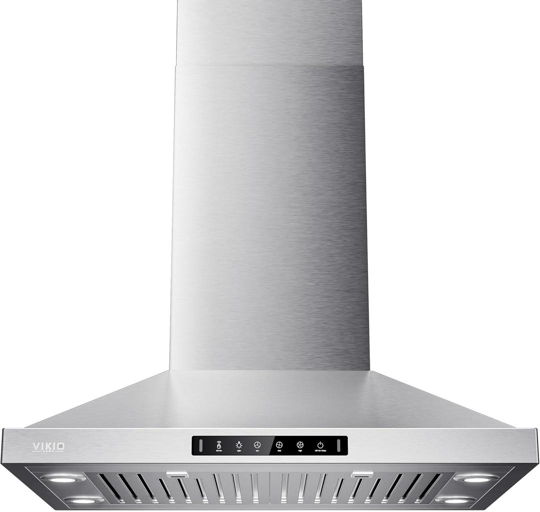 VIKIO HOME 30 Inch Island Range Hood, 390 CFM kitchen Hood with Dual-Sided Touch/Gesture Control, Convertible Ducted/Ductless, Ceiling Mount, 3 Stainless Steel Baffle Filters, 3-Speed Fan