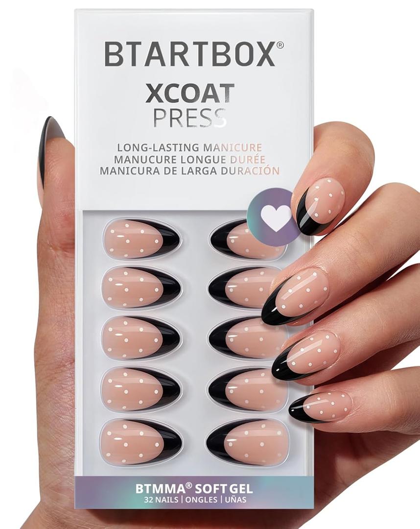 BTArtbox Press On Nails Short - Dot Couture, Lamp-Curable Almond Black French Tip Press On Nails with Glue and Adhesive Tabs for Women, Soft Gel Glue On Nails in 16 Sizes - 32 Stick On Nails Kit