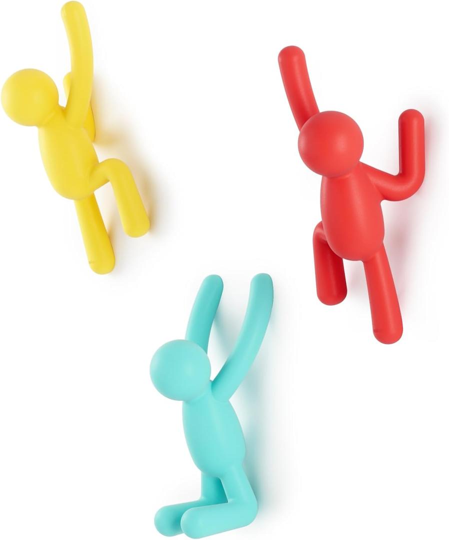 Umbra Buddy Wall Hooks  Decorative Wall Mounted Coat Hooks for Hanging Coats, Scarves, Bags, Purses, Backpacks, Towels and More, Set of 3, Bright Multicolored (Sky Blue, Yellow, Red)