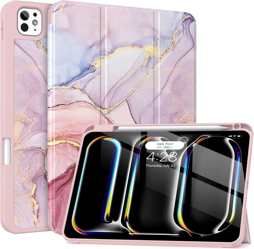 Soke Case for New iPad Pro 11 Inch (M5/M4) 5th Generation 2024-2025 with Pencil Holder - [Shockproof + Apple Pencil Charging + Auto Wake/Sleep], Soft TPU Back Cover for iPad Pro 11", Dreamy Marble