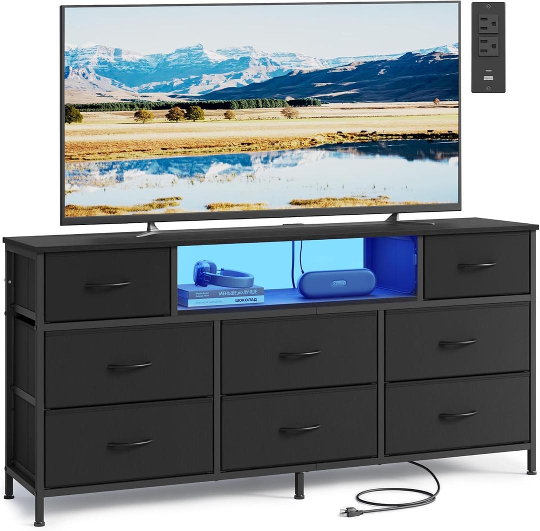 SONGMICS BELLAH Collection - Dresser for Bedroom with Outlets and LED Lights, TV Stand for TVs Up to 65 Inches, Chest of Drawers, 8 Drawers, Steel, Modern, Ink Black ULGS434BH02S, 13.8"D x 57.8"W x 26.8"H