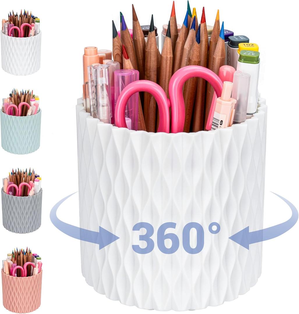 Pen Holder - 360 Rotating, 5 Slot Pen Holder For Desk. Pencil Holder For Office,School,Dorm Room&Vanity, Desk Accessories(White)