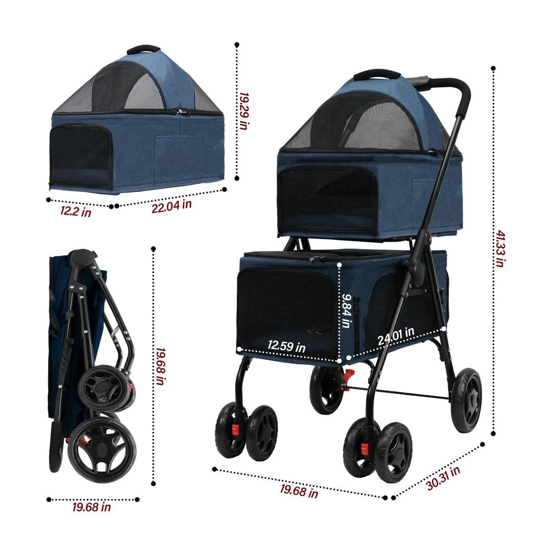 BDL Double Dog Stroller for 2 Dogs/Cats, 4-Wheel Pet Stroller with Removable Carrier, Blue
