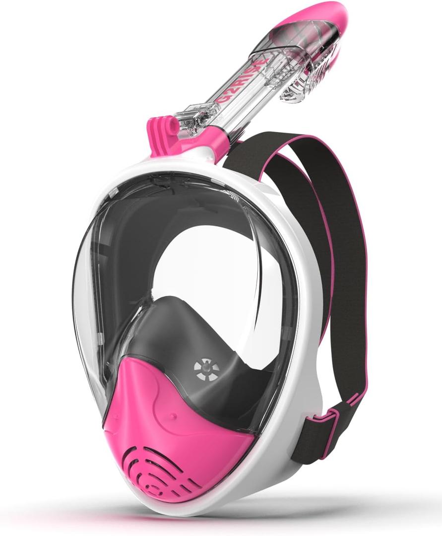 G2RISE Full Face Snorkel Mask Adults Snorkeling Set Gear for Kids with Detachable Camera Mount, Safe Breathing, Anti Fog Anti Leak (Large-X-Large, White Pink)