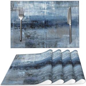 Blue and Grey Abstract Art Placemats Set of 4 for Dining Table PVC Wipeable Place Mats Washable (Color2)
