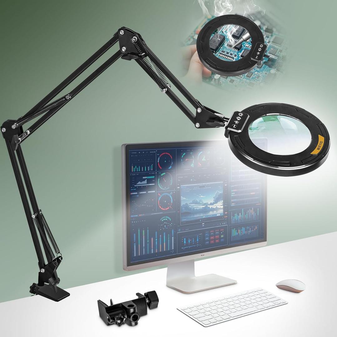 Ultra Long 3-Section Swing Arm 12X Magnifying Glass with Light and Stand, 4-way Large Strong Metal Clamp Lighted Magnifier Lamp, 5 Color Modes LED Magnifying Lamp for Workbench, Crafting, Hobby (35.2inch Black)