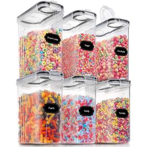 PRAKI Large Dry Food Storage Containers with Lids, 6PCS Airtight Cereal Containers Storage Set, Leak-proof Canister Set for Kitchen Pantry Organization with 20 Labels & Marker (4L Black)
