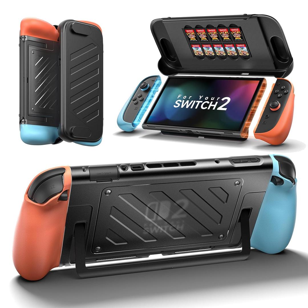 JSAUX Split Protective Case for Nitendo Switch 2, TPU Middle Frame & PC Front Cover, Non-Slip Ergonomic Grip, Storage for 10 Game Cards, Supports Stand Use-PC0114(Blue & Orange)
