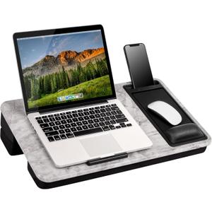 LAPGEAR Extra Large Adjustable Lap Desk  Fits Laptops up to 17.3, Adjustable Cushion, Memory Foam Wrist Rest, Mouse Pad, Device Ledge, & Phone Slot  White Marble - Style No. 88101