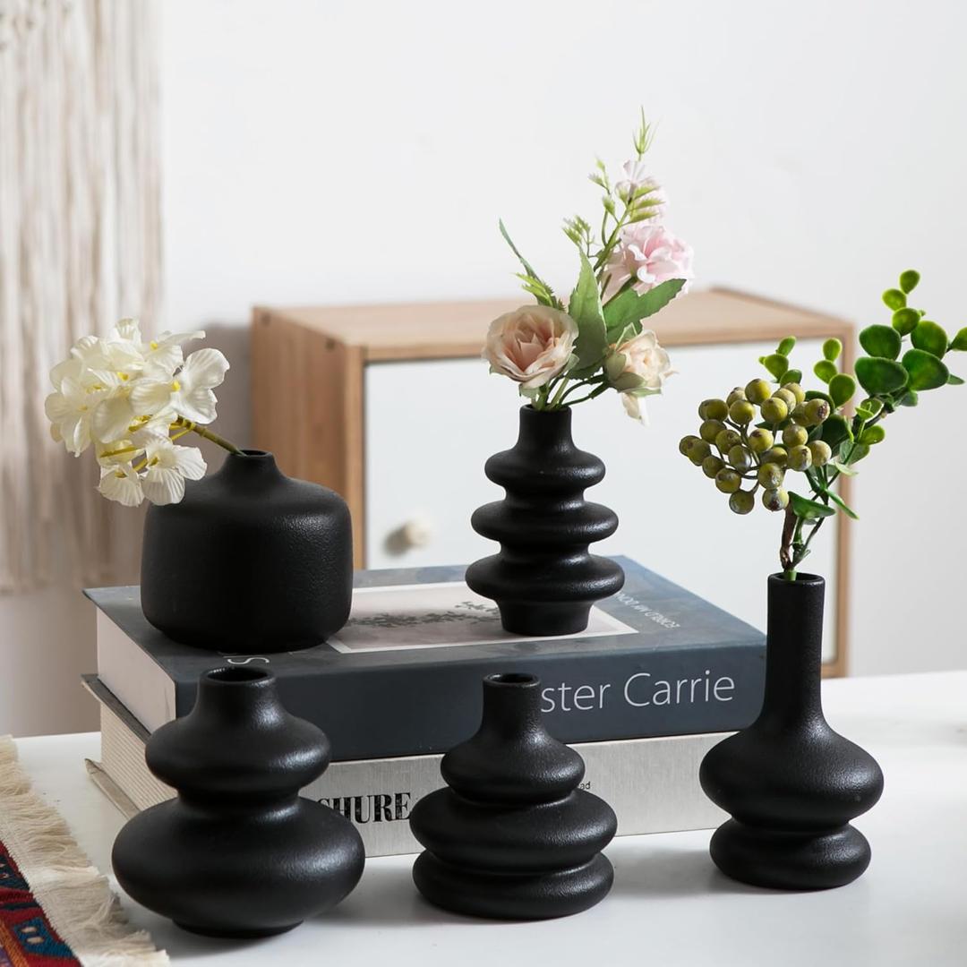 Black Ceramic Bud Vase, Small Vase Set of 5, Mini Vases in Bulk for Flower, Decorative Vase for Home Decor, Boho Vases for Wedding Decorations Living Room Dining Table Shelves Decor