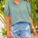 PRETTYGARDEN Women's 2026 Summer Button Down Shirts Short Lantern Sleeve V Neck Cotton Cute Tops Dressy Casual Blouses (Gray, S)