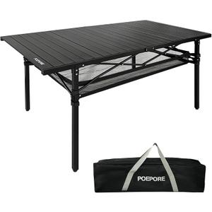 Large Folding Camping Table Aluminum with Storage for 4-6 People 55"X27.5" Roll Up Tall Outdoor Portable Table Lightweight with Carry Bag for Picnic BBQ Backyard Beach