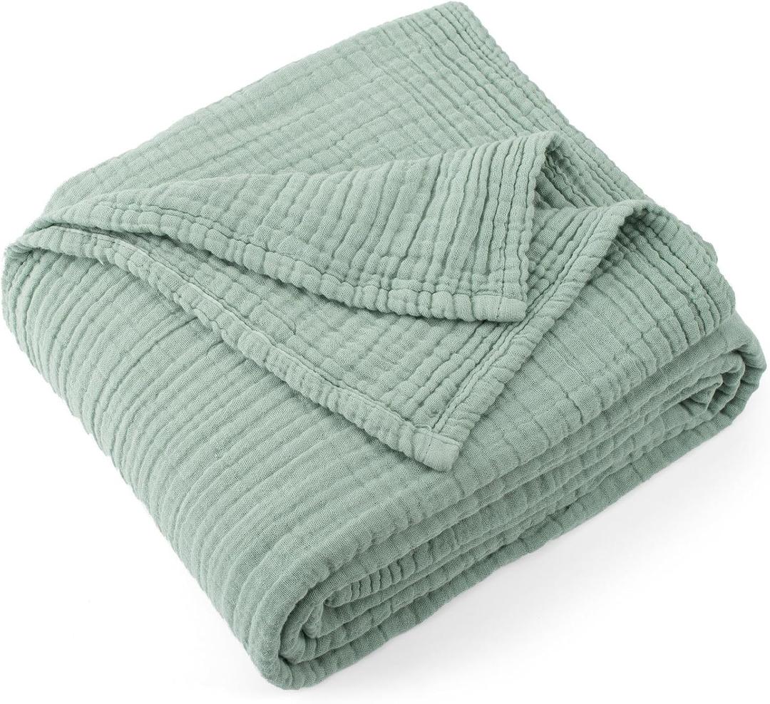 Carriediosa 100% Cotton Muslin Throw Blanket 70" X 80" Twin Size4-Layers Summer Gauze Throws for Bed CouchSoft Lightweight Breathable Linen Blankets Bedspread for Adults All SeasonSage Green