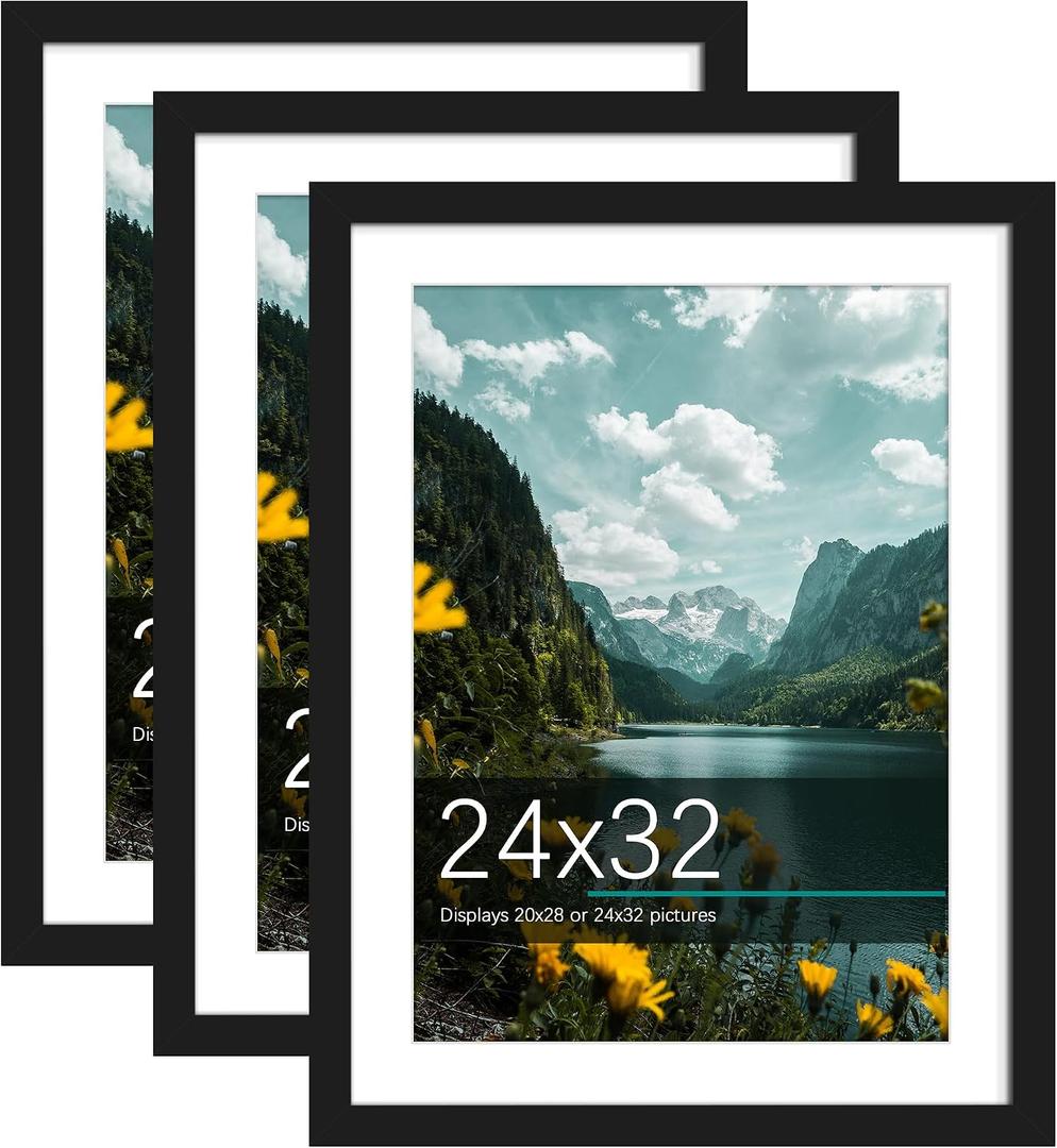 Picrit 24x32 Picture Frame 3 Pack, Black Poster Frame, Display Poster 20 x 28 with Mat or 24 x 32 without Mat for Horizontal or Vertical Wall Mounting