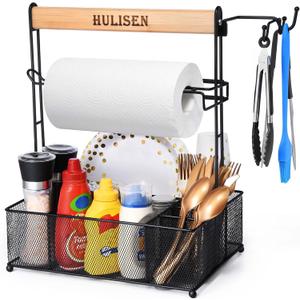HULISEN Grill Caddy for Outdoor Grill, BBQ Caddy with Paper Towel Holder for Plates, Silverware, Utensils - Picnic & Barbeque & Camping Essentials Accessories for Tailgating, Camper, RV, Backyard