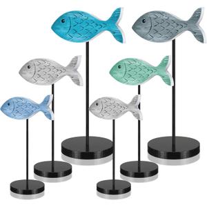 Geetery 6 Pcs Wooden Fish Table Decor Summer Ocean Tabletop Centerpiece Sea Animal Standing Sign Rustic Wood Fish Home Decor Coastal Beach Figurines Block for House Office(Classic Style)