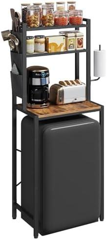 MAHANCRIS Bakers Rack with Mini Fridge Shelf, 3-Tier Microwave Stand, Coffee Bar Station with Paper Holder, Freestanding Kitchen Storage Rack, for Kitchen, Rustic Brown and Black BRHR5401