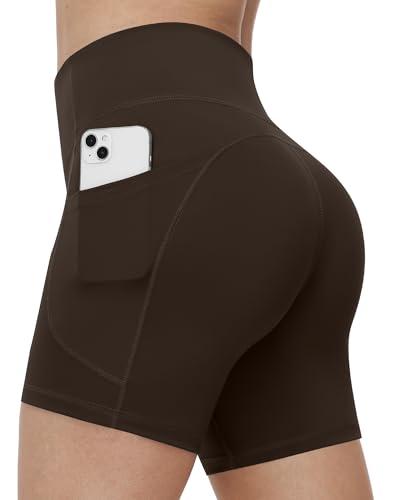 Runhit Biker Shorts Women Spandex Yoga Gym Workout Running Athletic No Front Seam High Waisted Tummy Control Seamless Compression Pockets 6" Brown XL