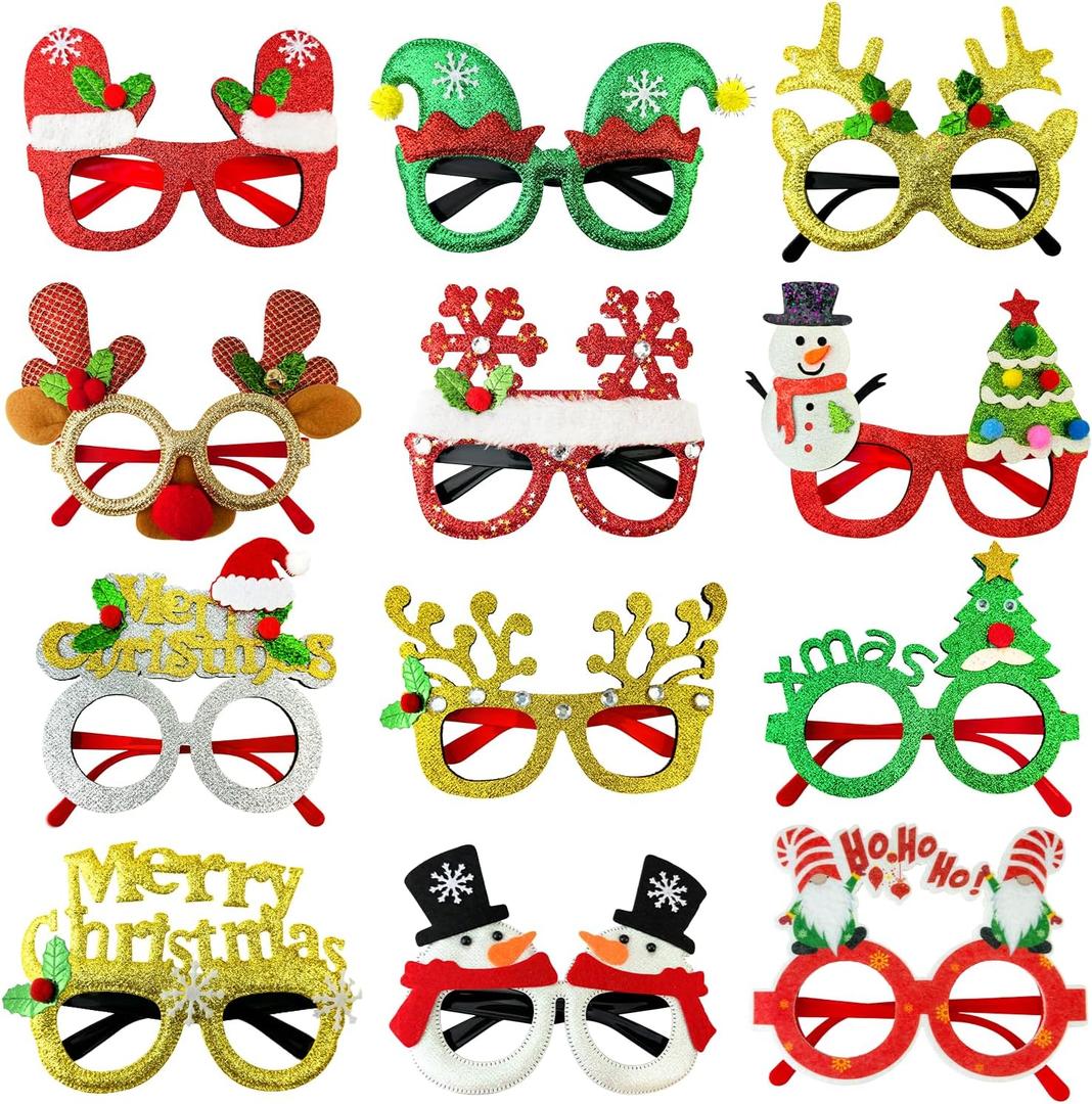 Christmas Party Favors Supplies 12 Pack, Universal Size Holiday Glasses Accessories, Xmas Party Prizes Photo Booth Props Decorations for Outfit, Christmas Goodie Bag Stocking Stuffers Gifts Giveaways