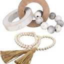 2 Pieces Decorative Wood Knot Link Chain Decor and Bead Garland Set Farmhouse Aesthetic Natural Wooden Knot Chain Link Wood Bead for Boho Country Home Table Decor(Retro Colors)