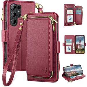 DJBEAR for Samsung Galaxy S26 Ultra Wallet Case for Men & Women, All-in-One Flip Folio Cover with 9 Card Slots, Zipper Pocket, Detachable Wrist Strap, Full Body Protection for Samsung S26Ultra Fuchsia