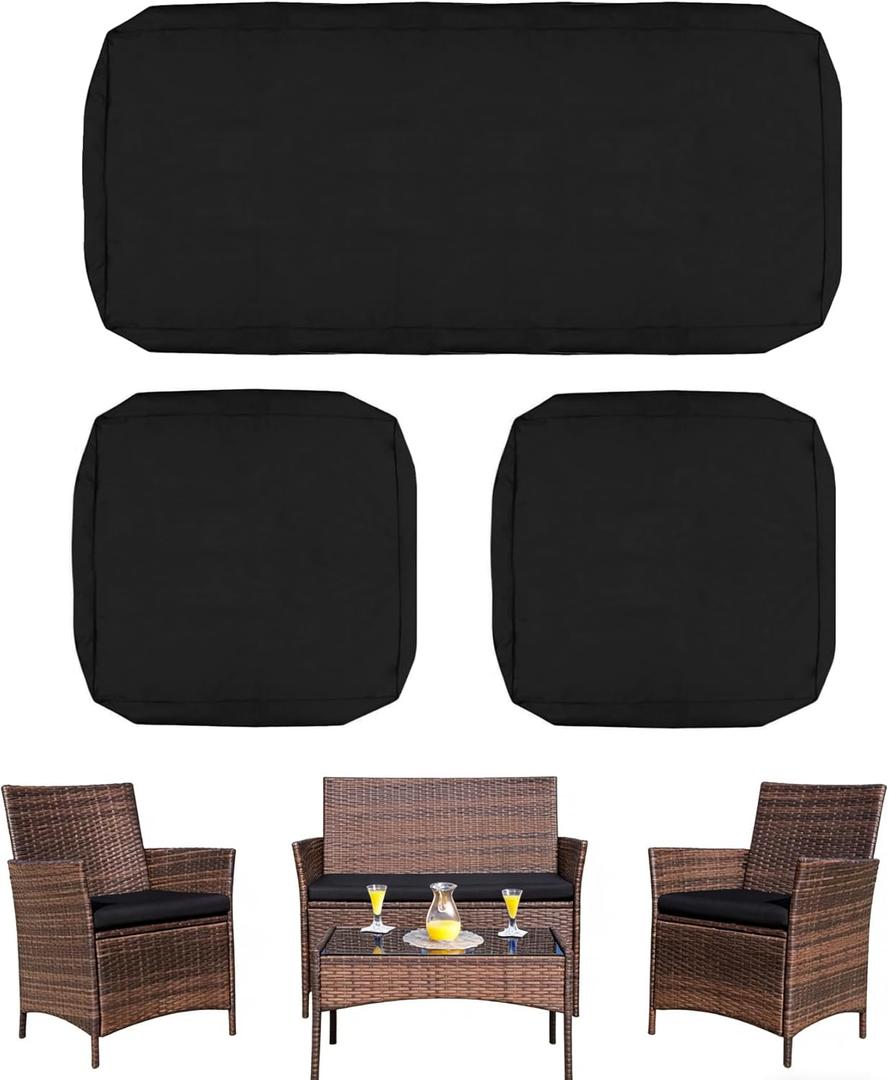 Patio Cushion Covers for Patio Conversation Set 4-Piece, Outdoor Seat Cushions Replacement Covers for Patio Furniture Set Wicker, Backyard Porch Garden Poolside Balcony Sets, Black, 42x18x3,18x18x2